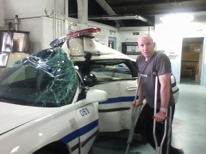 I visit my squad car on my way home from the hospital.